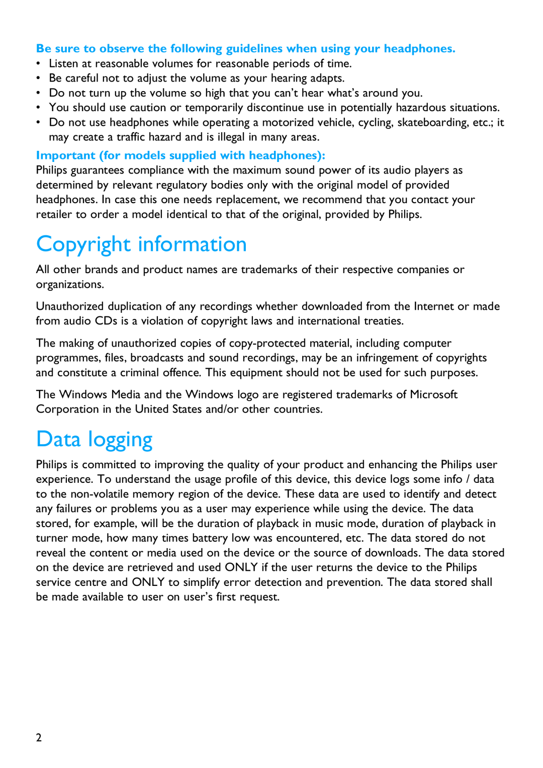 Philips SA2610 manual Copyright information, Data logging, Important for models supplied with headphones 