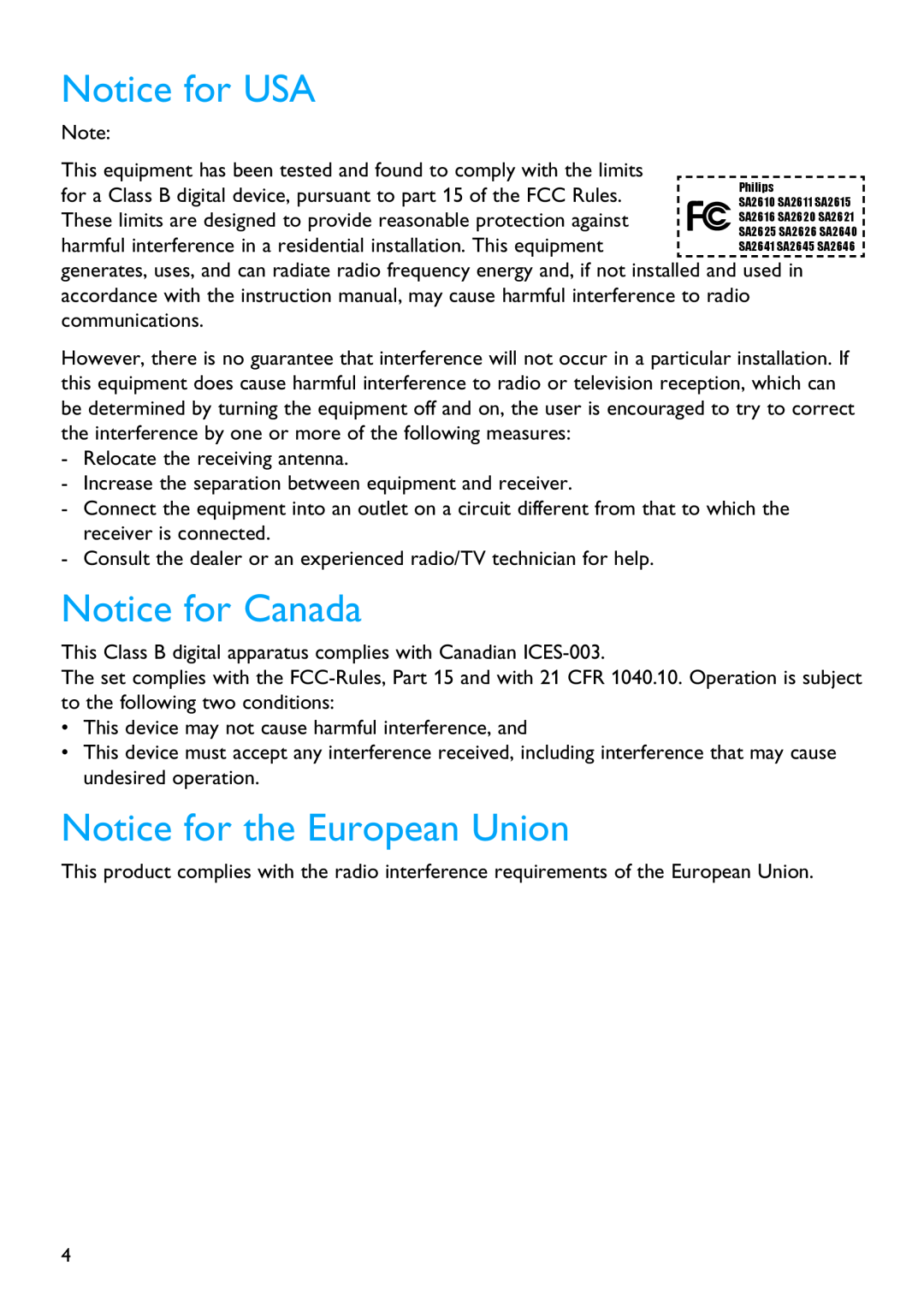 Philips SA2610 manual Notice for USA, Notice for Canada, Notice for the European Union 