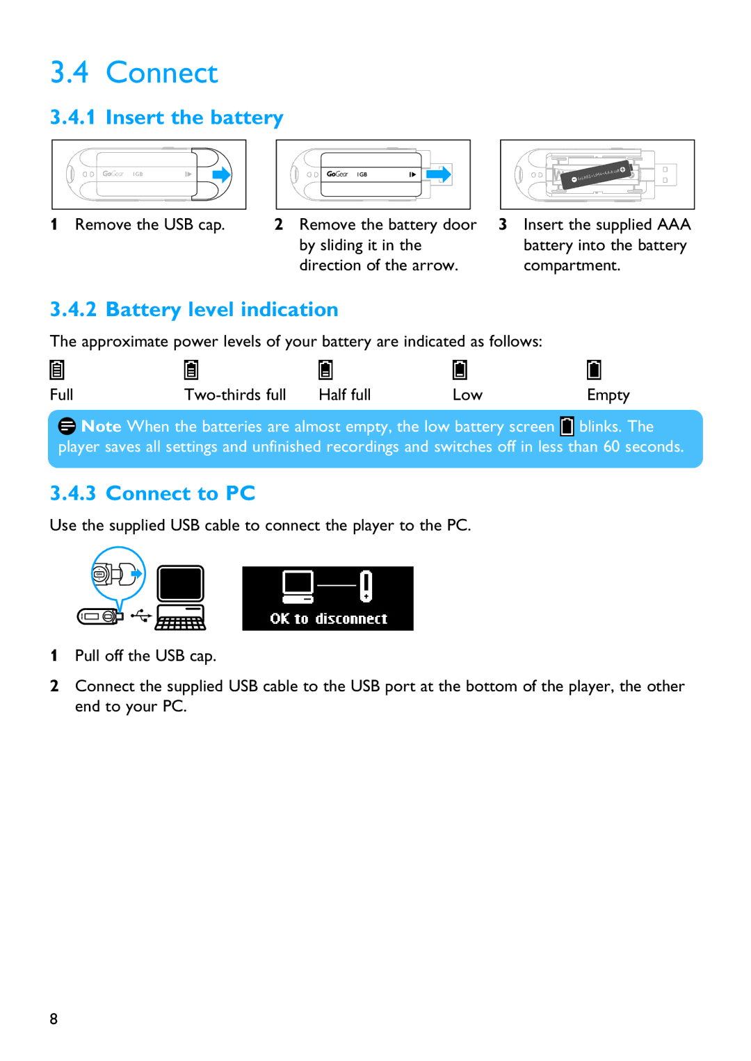 Philips SA2610 manual Insert the battery, Battery level indication, Connect to PC 