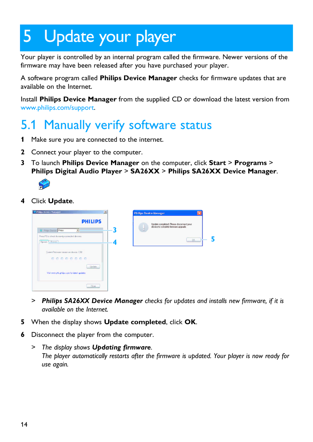 Philips SA2610 manual Update your player, Manually verify software status 