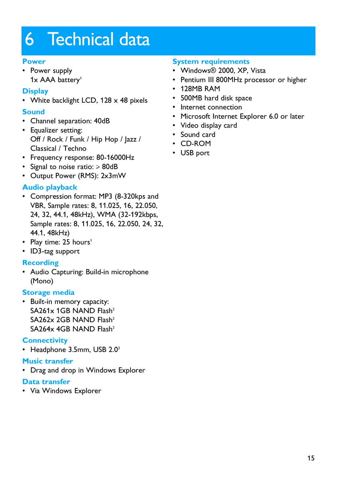 Philips SA2610 manual Technical data 