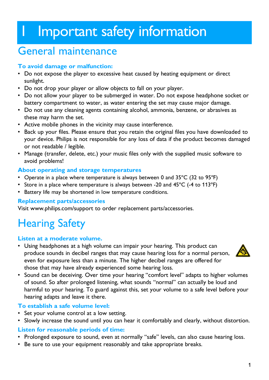 Philips SA2610 manual Important safety information, General maintenance, Hearing Safety 