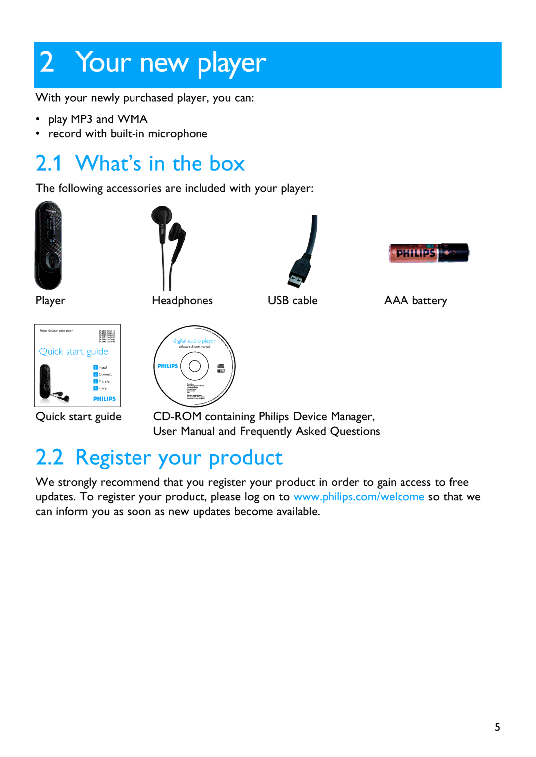 Philips SA2610 manual Your new player, What’s in the box, Register your product 