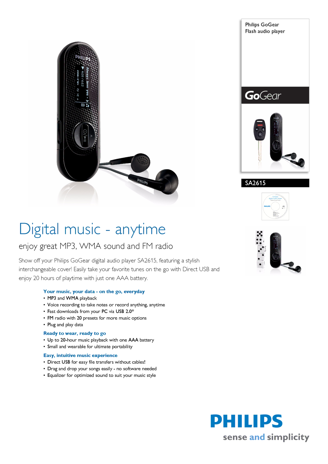 Philips SA2615/97 manual Your music, your data on the go, everyday, Ready to wear, ready to go 