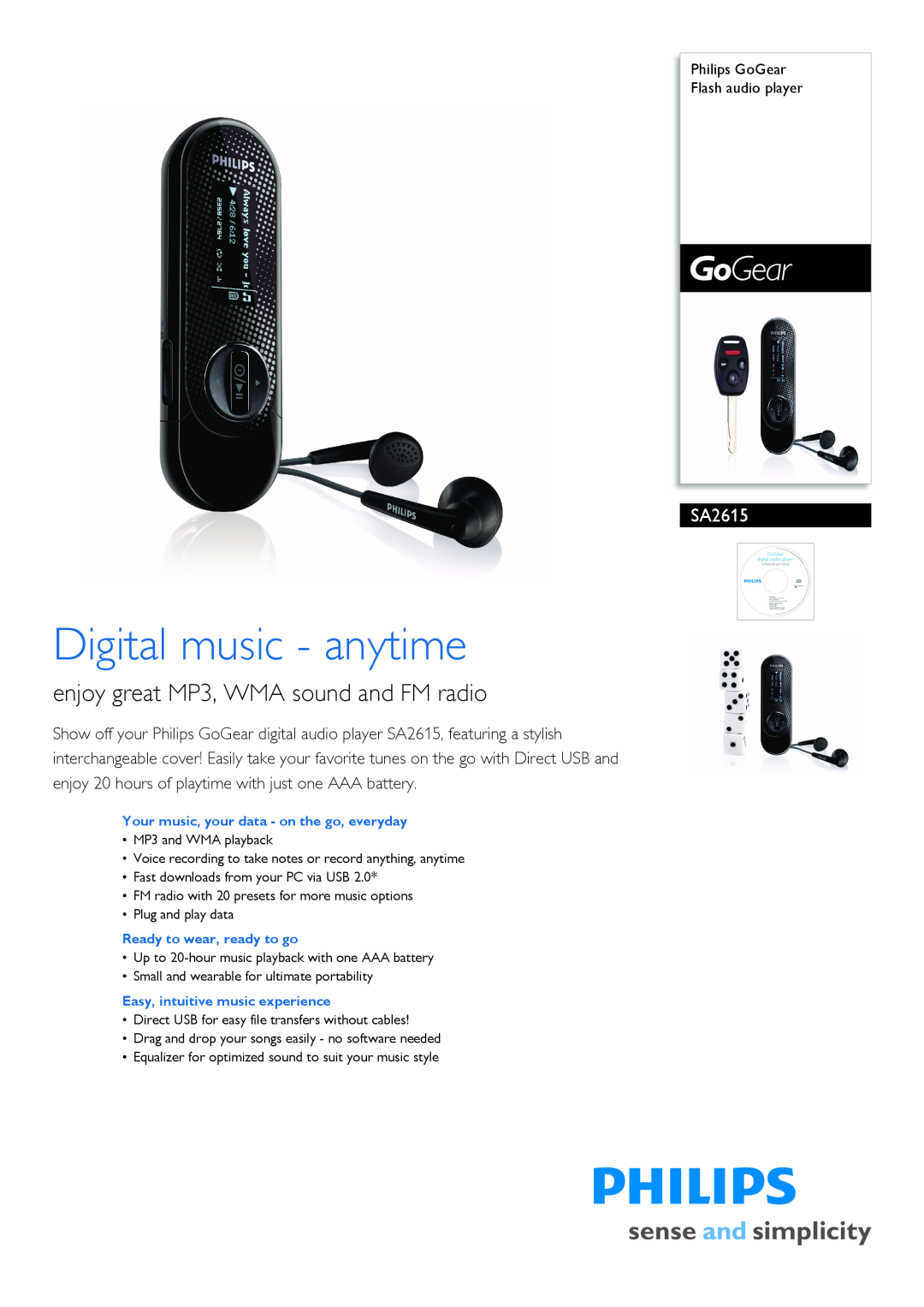 Philips SA2615/97 manual Philips GoGear Flash audio player, Digital music - anytime 