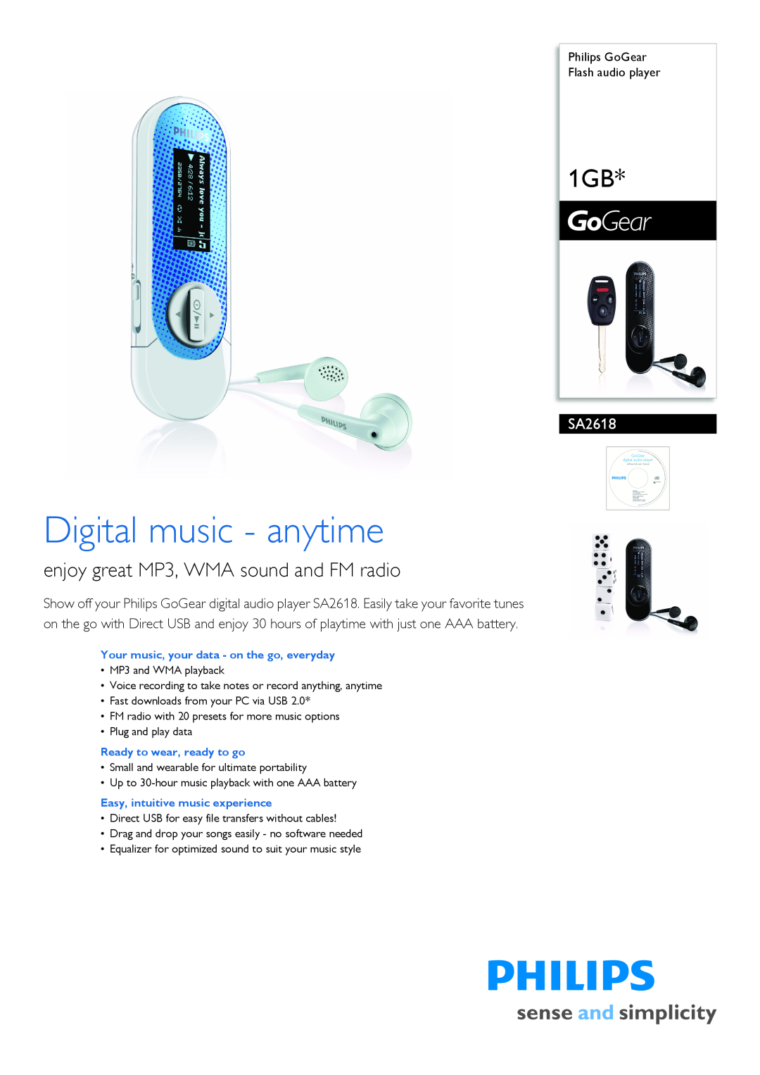 Philips SA2618 manual Philips GoGear Flash audio player, Digital music - anytime, enjoy great MP3, WMA sound and FM radio 