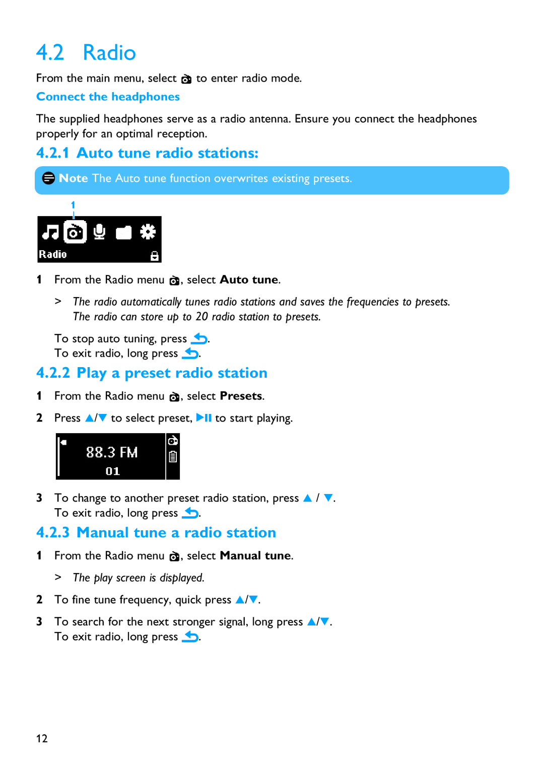 Philips SA2620 manual Radio, Auto tune radio stations, Play a preset radio station, Manual tune a radio station 