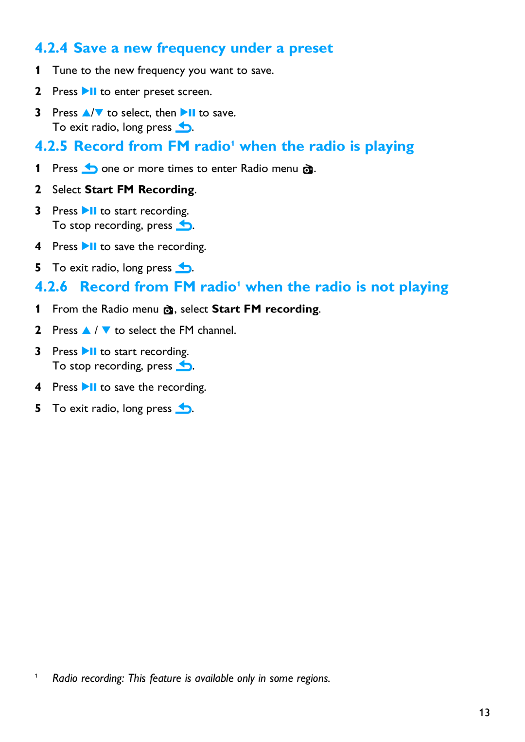 Philips SA2620 manual Save a new frequency under a preset, Record from FM radio1 when the radio is playing 