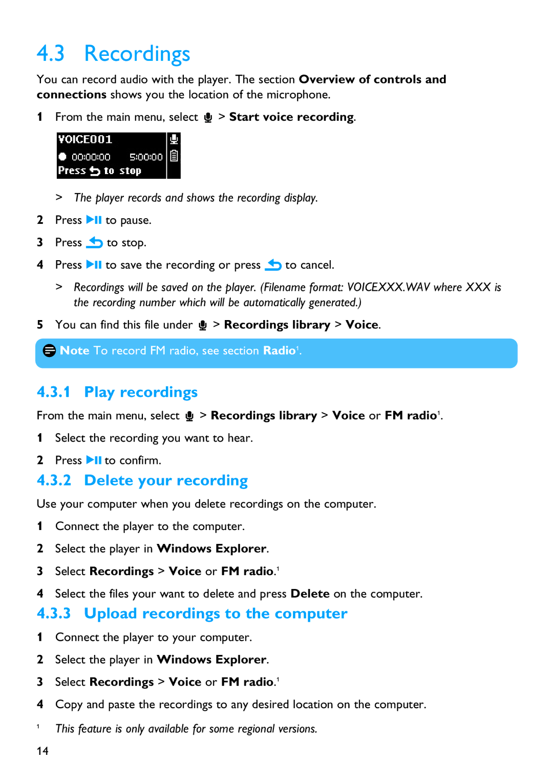 Philips SA2620 manual Recordings, Play recordings, Delete your recording, Upload recordings to the computer 