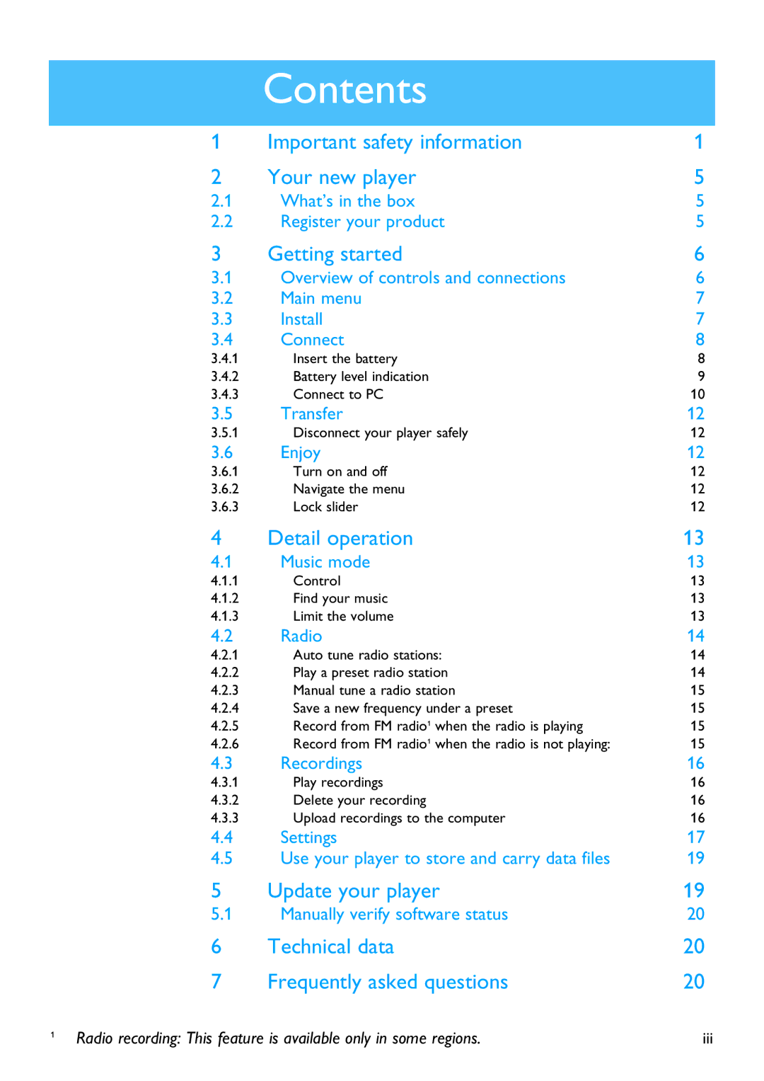 Philips SA2620 manual Contents 