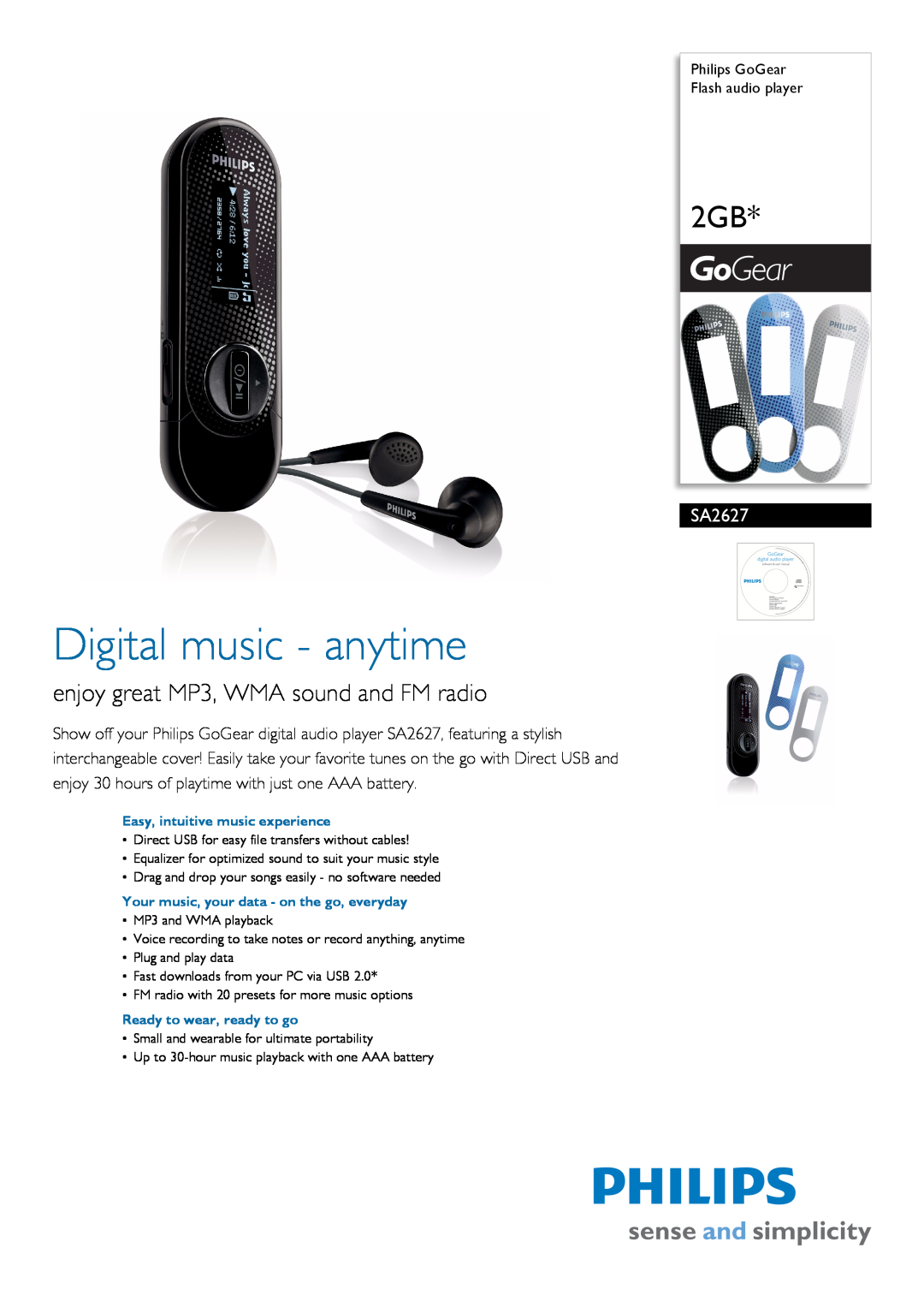 Philips SA2627/37 manual Philips GoGear Flash audio player, Digital music - anytime 