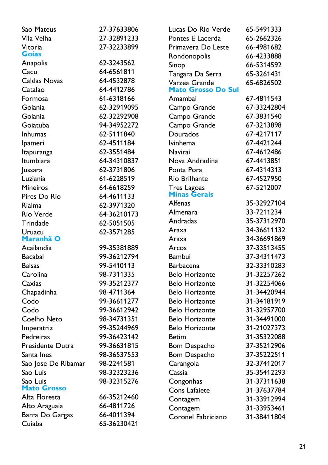 Philips SA2645, SA2646, SA2641, SA2640, SA2626, SA2621, SA2620, SA2616, SA2615 Goías, Mato Grosso Do Sul, Minas Gerais, Maranhã O 
