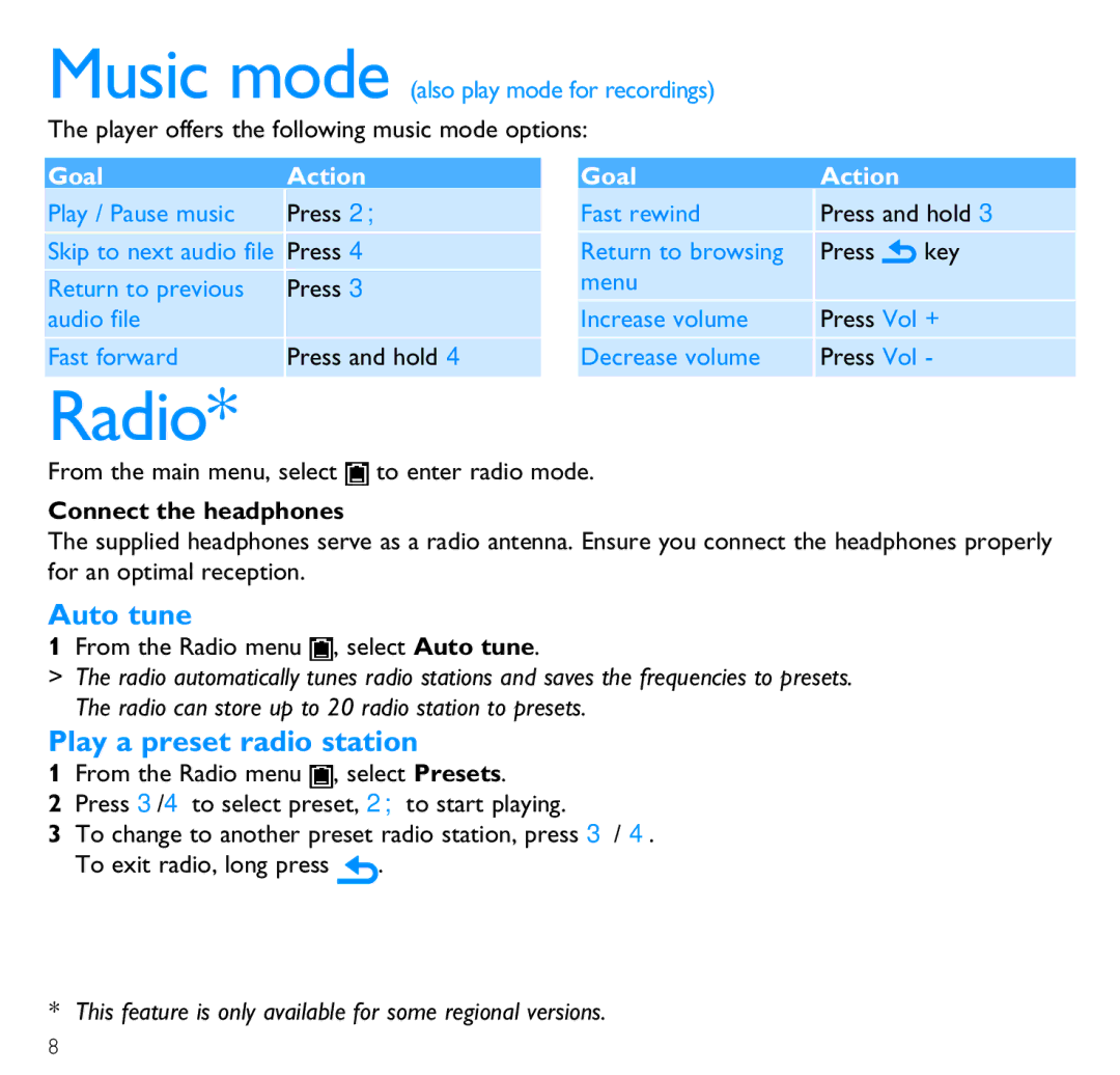 Philips SA2628, SA2646, SA2641, SA2645, SA2640, SA2626, SA2625, SA2621, SA2616 Radio, Auto tune, Play a preset radio station 