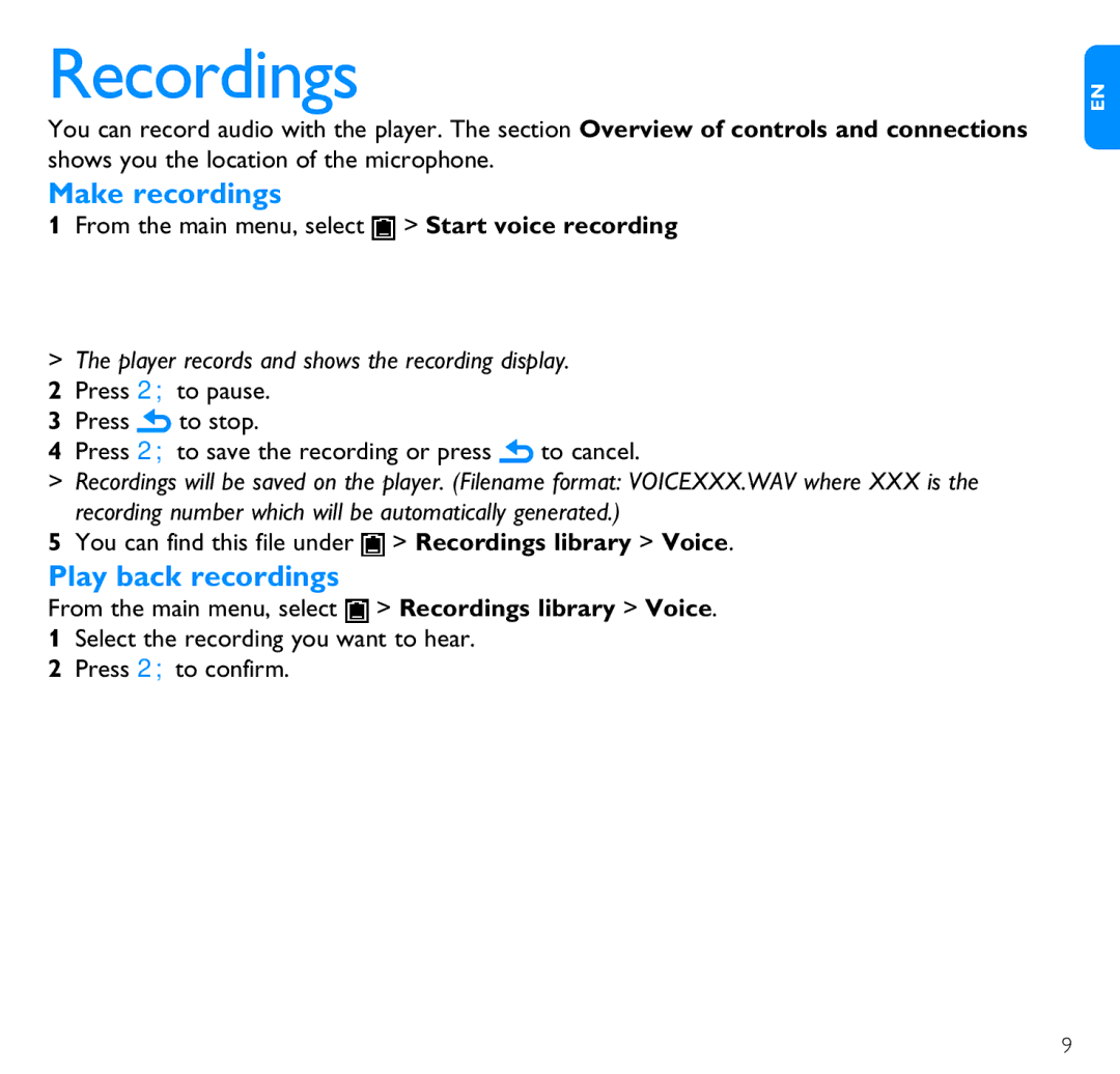 Philips SA2647, SA2646, SA2641, SA2645, SA2640, SA2626, SA2625, SA2621, SA2616 Recordings, Make recordings, Play back recordings 