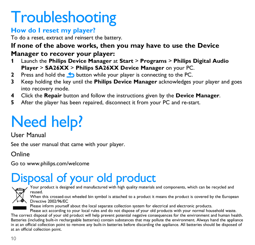 Philips SA2646, SA2641, SA2645 Troubleshooting, Need help?, How do I reset my player?, Disposal of your old product, Online 