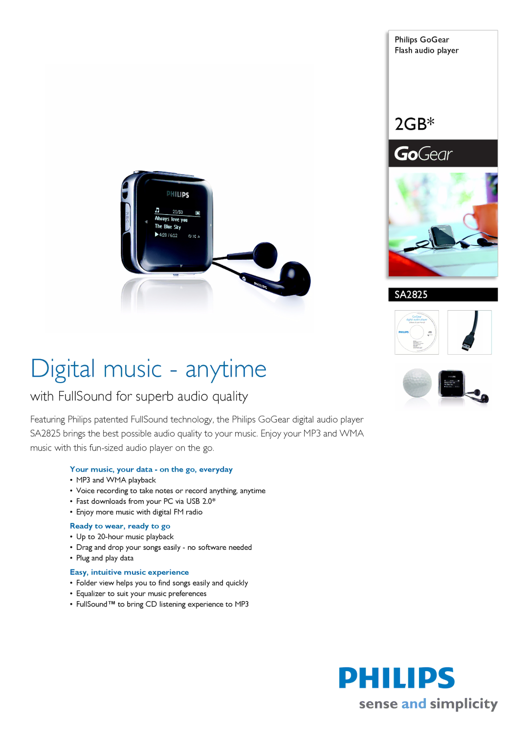 Philips SA2825/02 manual Your music, your data on the go, everyday, Ready to wear, ready to go 