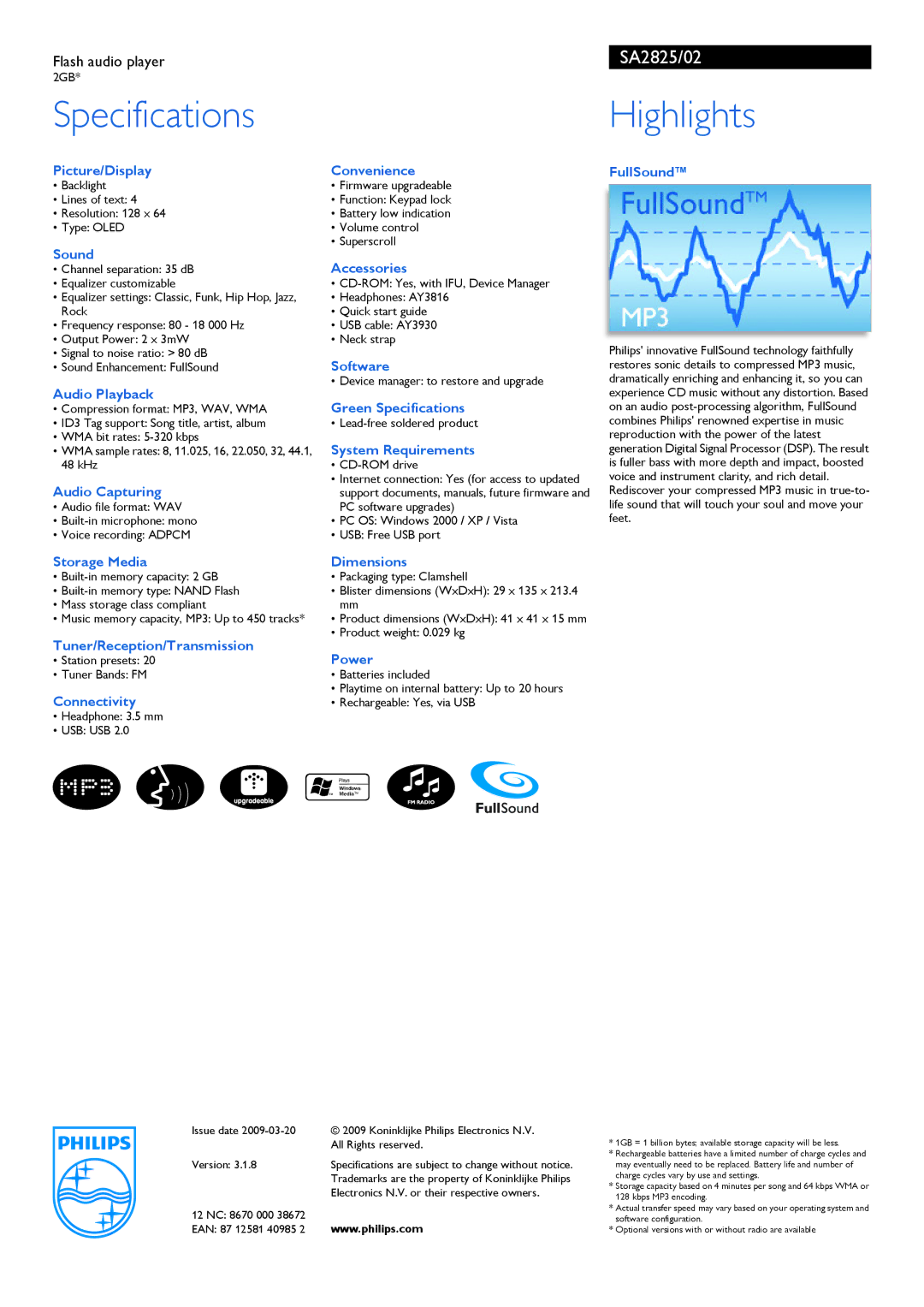 Philips SA2825/02 manual Specifications, Highlights 