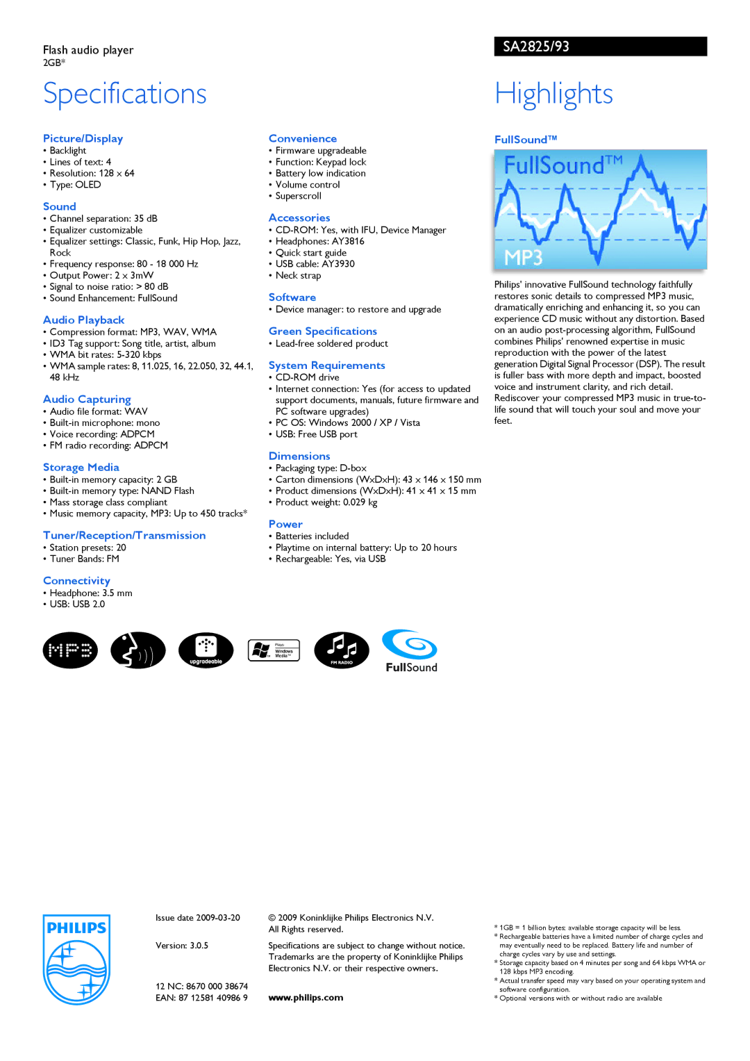 Philips SA2825/93 manual Specifications, Highlights 