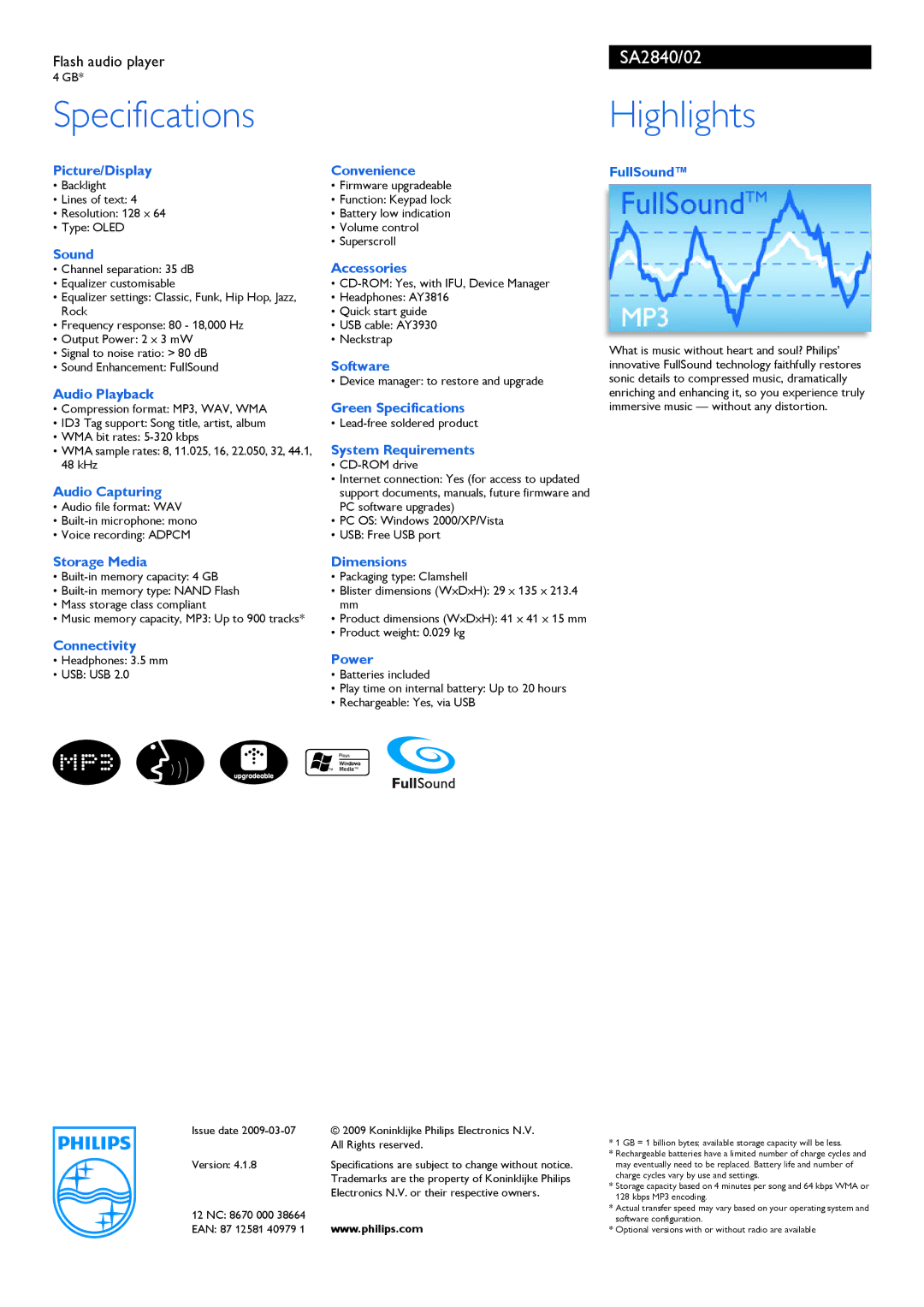 Philips SA2840/02 manual Specifications, Highlights 