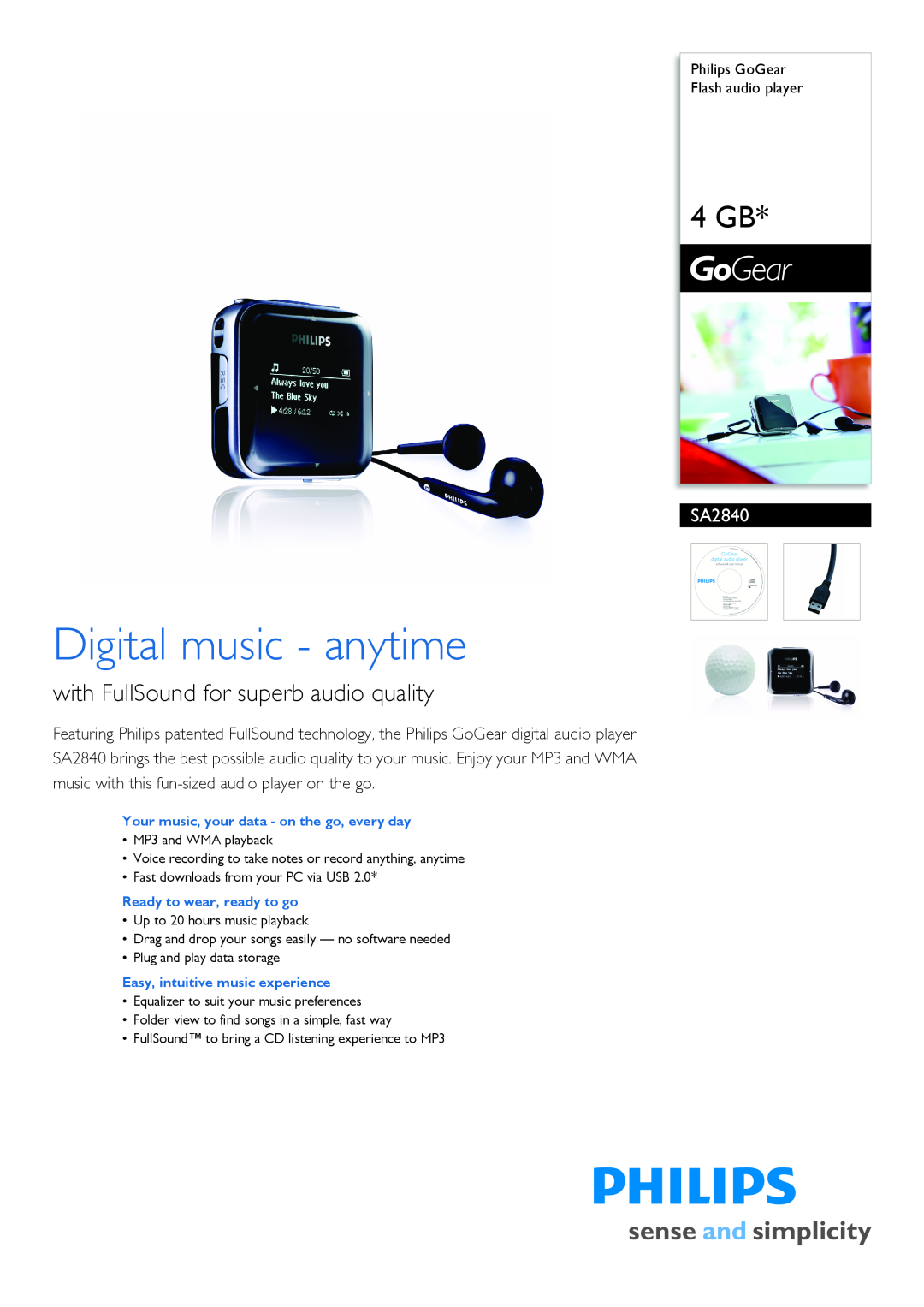 Philips SA2840/02 manual Philips GoGear Flash audio player, Digital music - anytime, 4 GB 