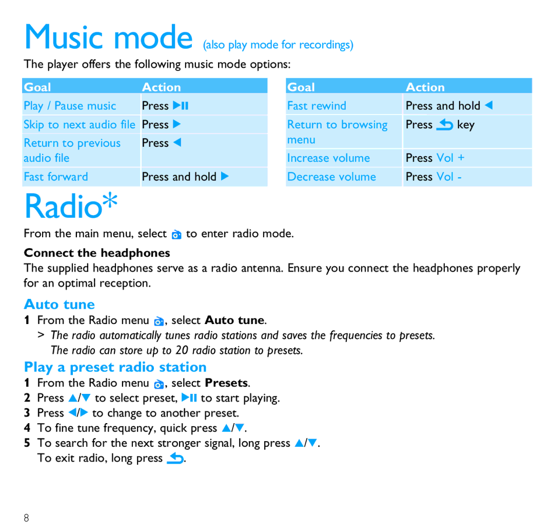 Philips SA2885, SA2845, SA2816, SA2815, SA2846, SA2826, SA2825, SA2886 quick start Radio, Auto tune, Play a preset radio station 