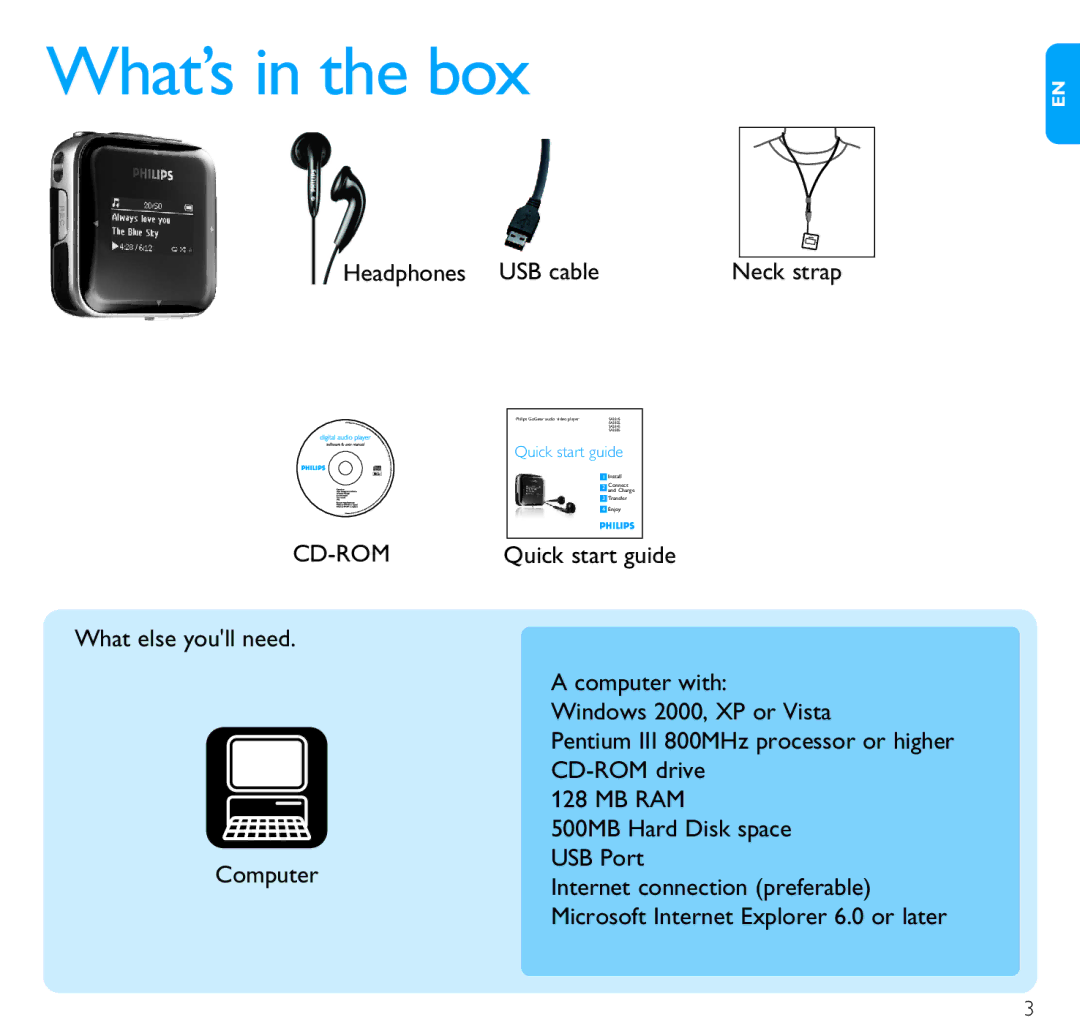 Philips SA2886, SA2845, SA2816, SA2815, SA2846, SA2885, SA2826, SA2825 quick start What’s in the box, Cd-Rom 