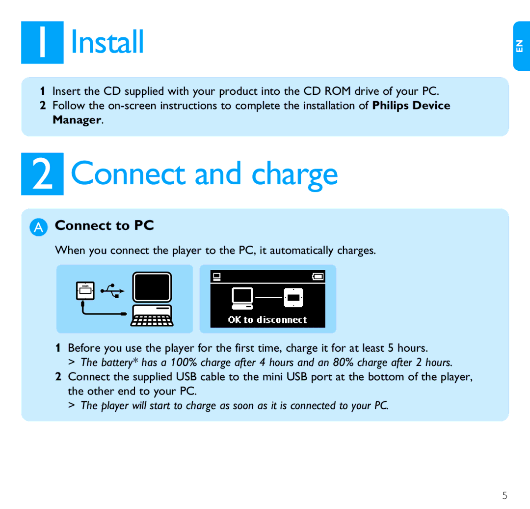 Philips SA2816, SA2845, SA2815, SA2846, SA2885, SA2826, SA2825, SA2886 quick start Install, Connect and charge, Connect to PC 