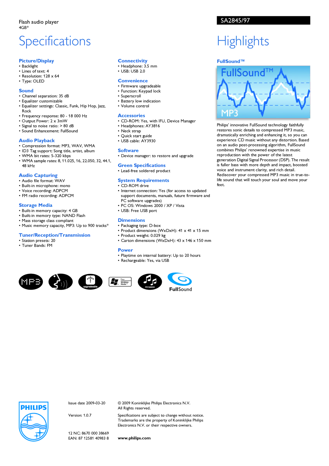 Philips SA2845/97 Picture/Display, Sound, Audio Playback, Audio Capturing, Storage Media, Tuner/Reception/Transmission 