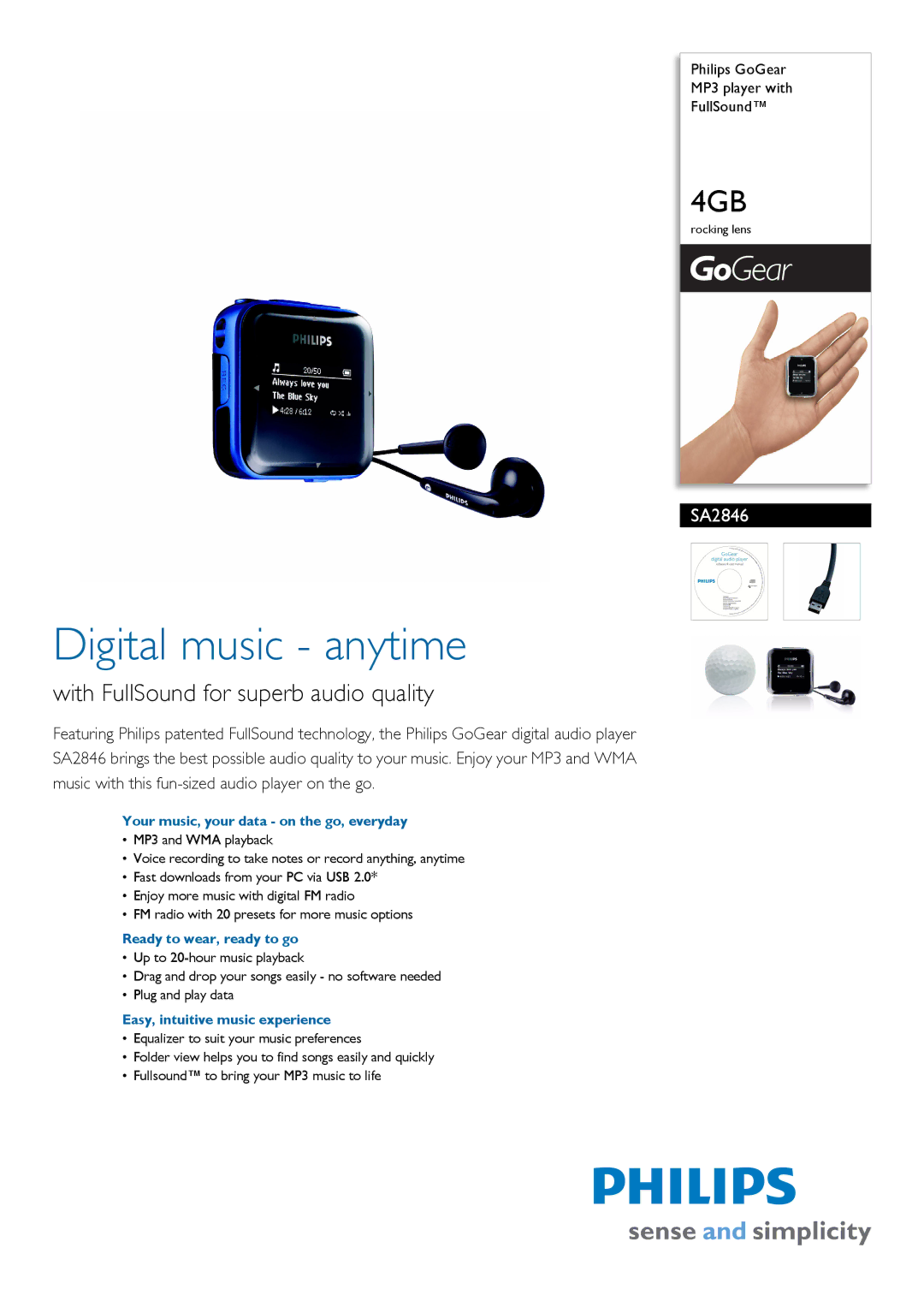 Philips SA2846/97 manual Your music, your data on the go, everyday, Ready to wear, ready to go 