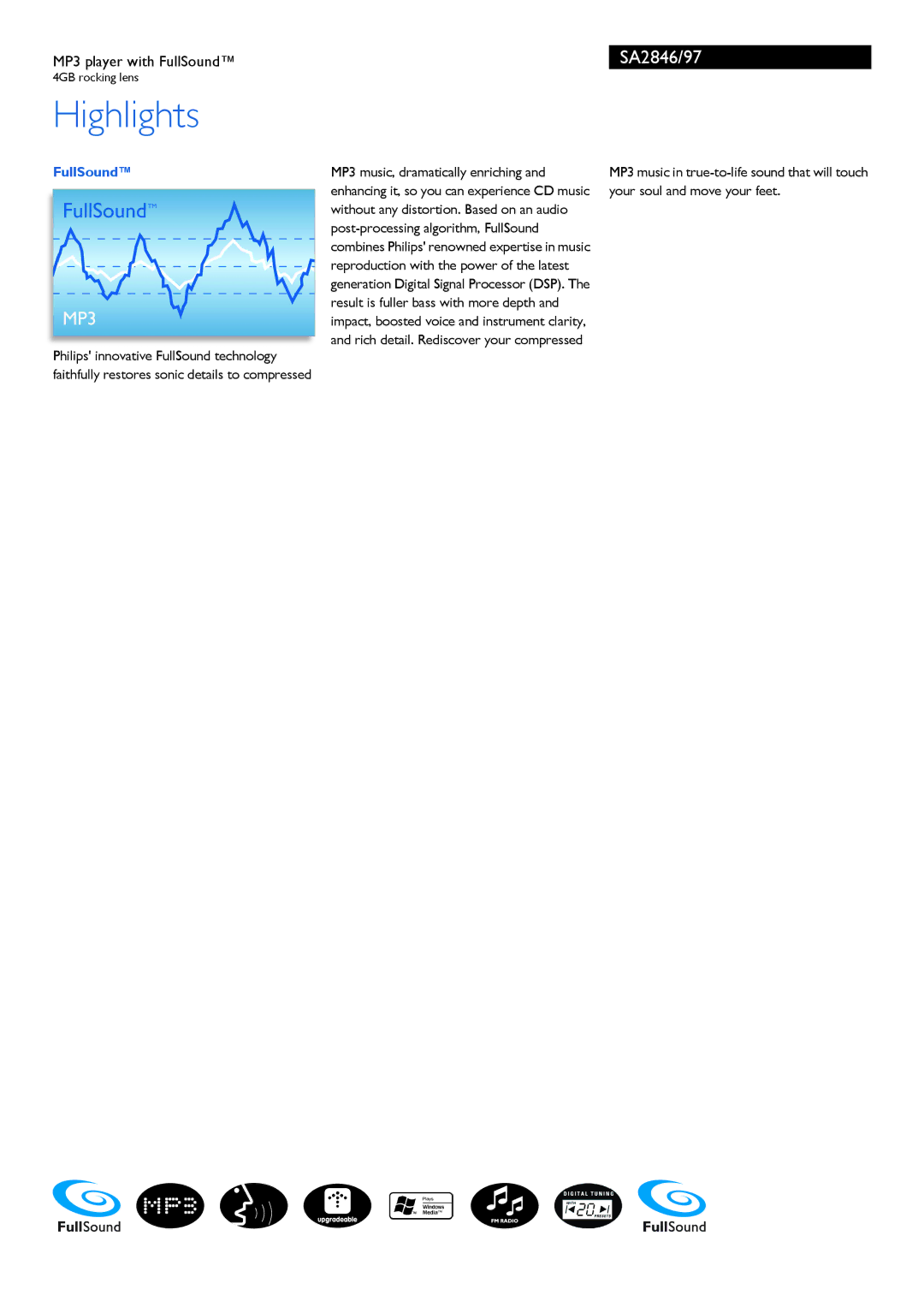 Philips SA2846/97 manual Highlights, FullSound 