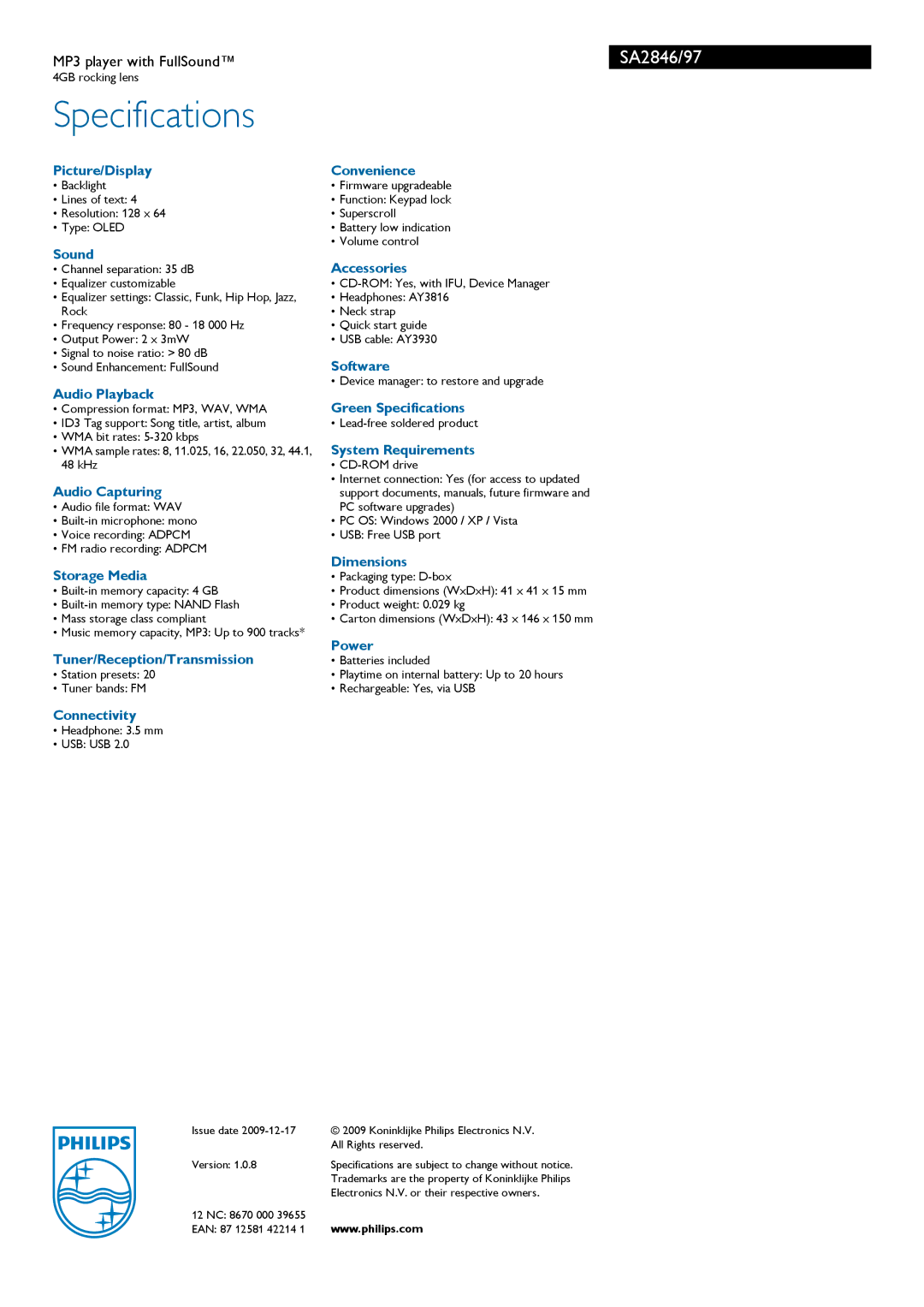 Philips SA2846/97 manual Specifications 