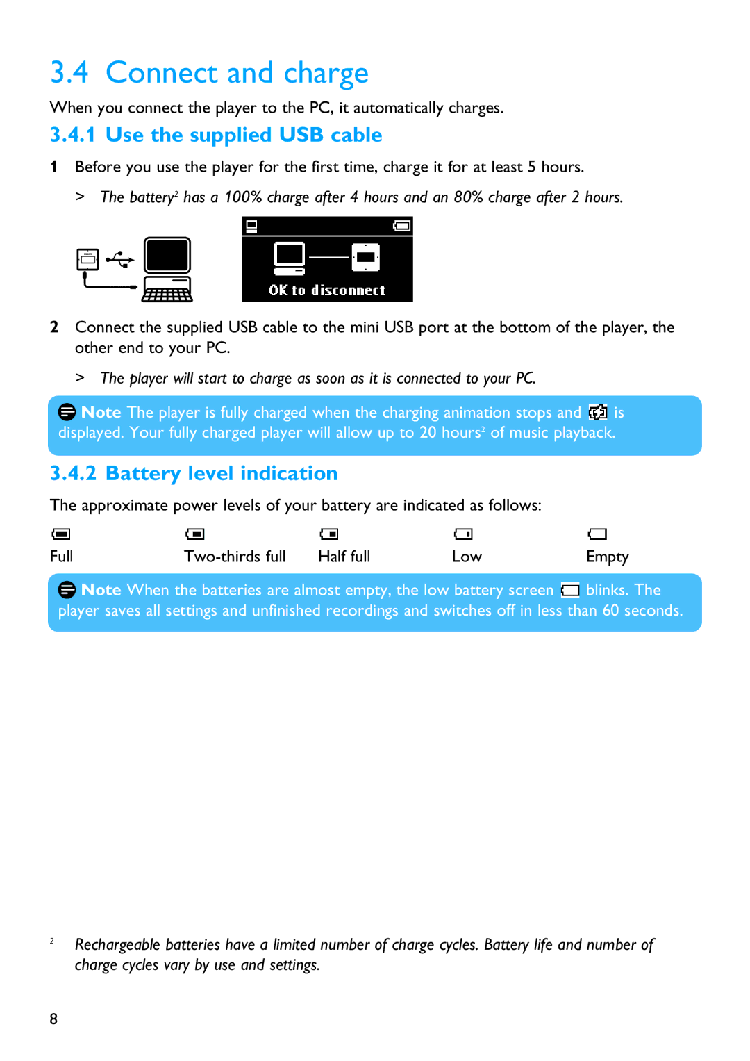 Philips SA2881, SA2880, SA2821, SA2820, SA2811 manual Connect and charge, Use the supplied USB cable, Battery level indication 