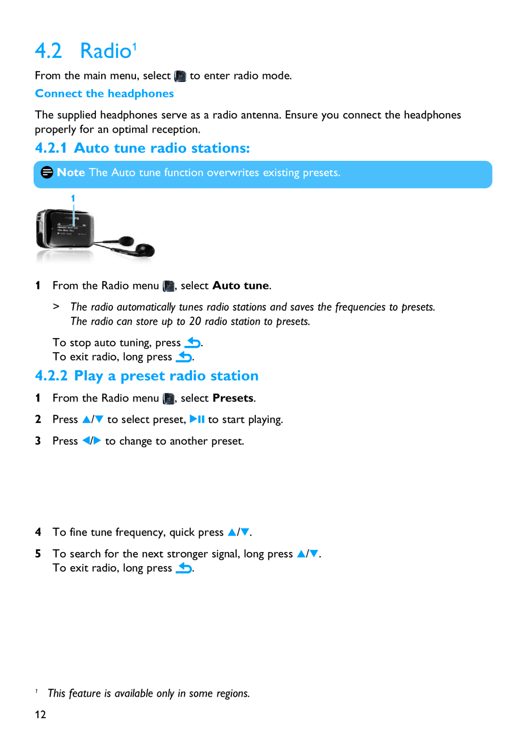 Philips SA2810, SA2880, SA2821, SA2820 Radio1, Auto tune radio stations, Play a preset radio station, Connect the headphones 