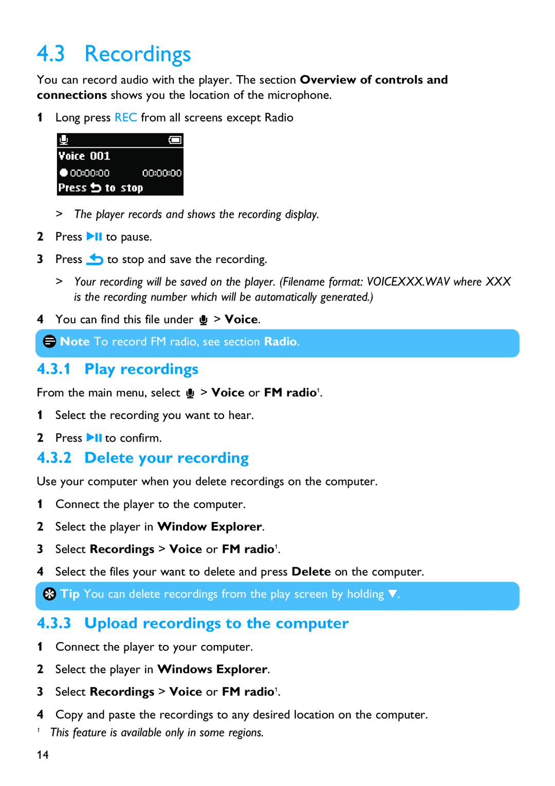 Philips SA2821, SA2880, SA2820, SA2881 Recordings, Play recordings, Delete your recording, Upload recordings to the computer 