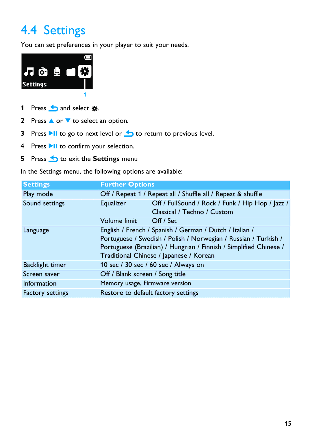 Philips SA2820, SA2880, SA2821, SA2881, SA2811, SA2840, SA2841, SA2810 manual Settings Further Options 