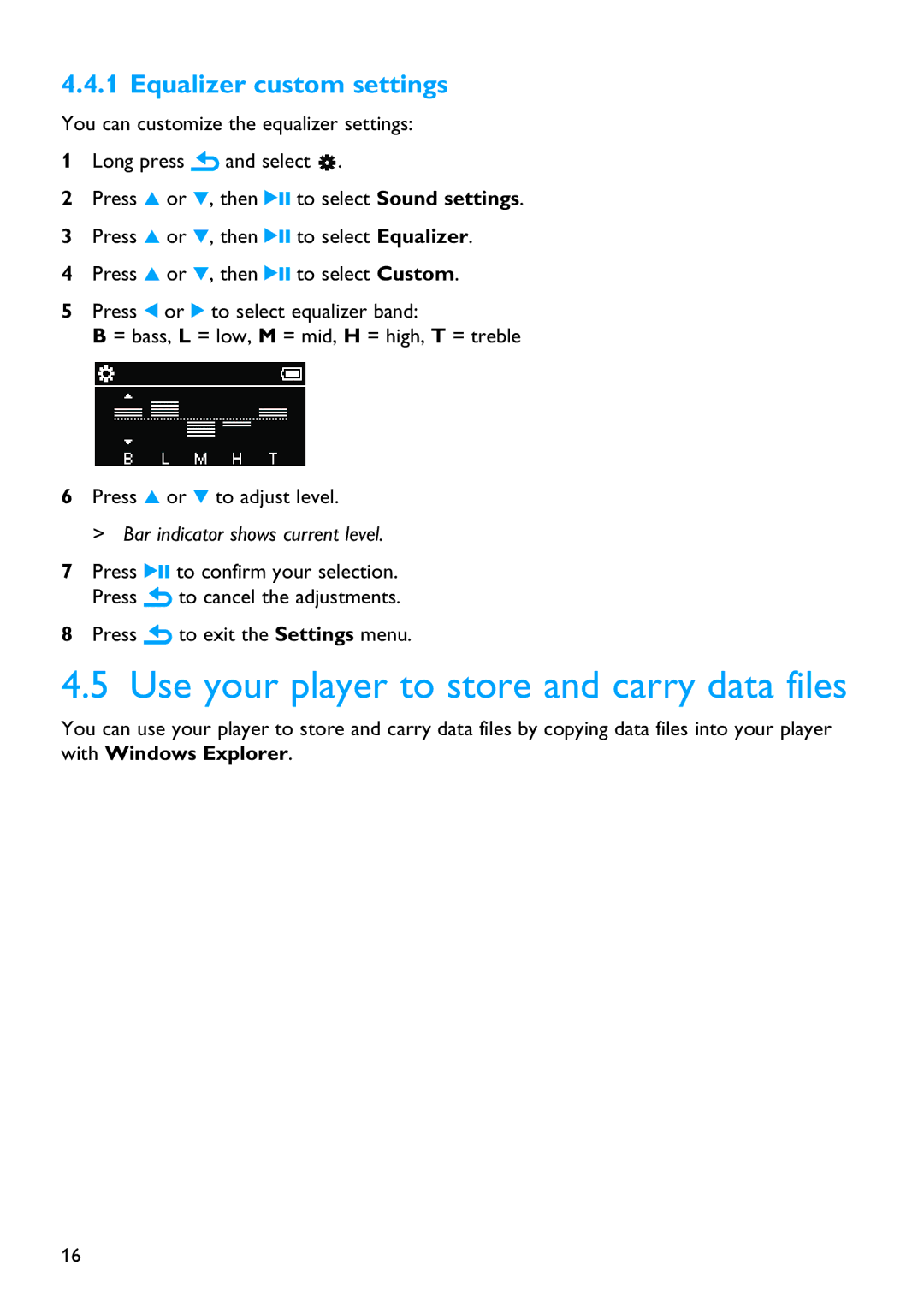 Philips SA2881, SA2880, SA2821, SA2820, SA2811 manual Use your player to store and carry data files, Equalizer custom settings 