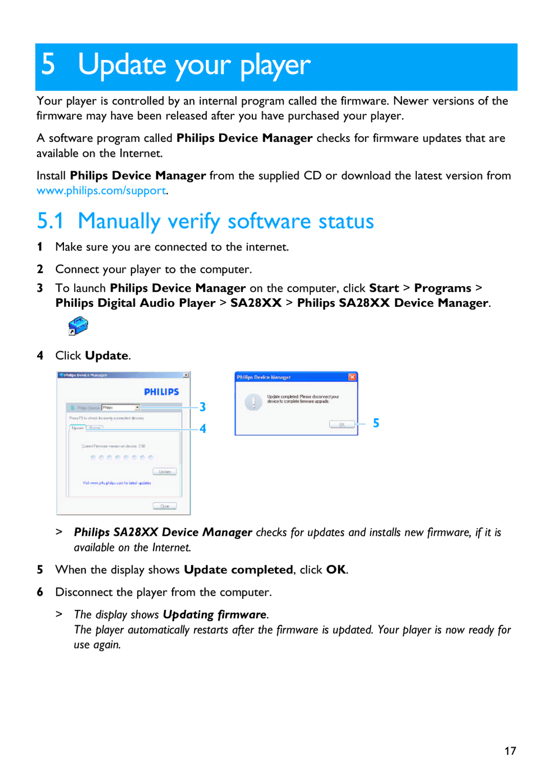 Philips SA2811, SA2880, SA2821, SA2820, SA2881, SA2840, SA2841, SA2810 manual Update your player, Manually verify software status 