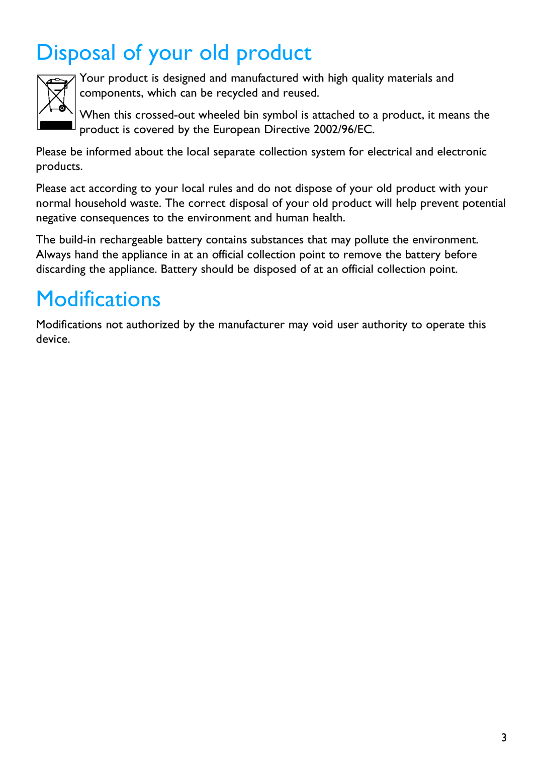 Philips SA2841, SA2880, SA2821, SA2820, SA2881, SA2811, SA2840, SA2810 manual Disposal of your old product, Modifications 