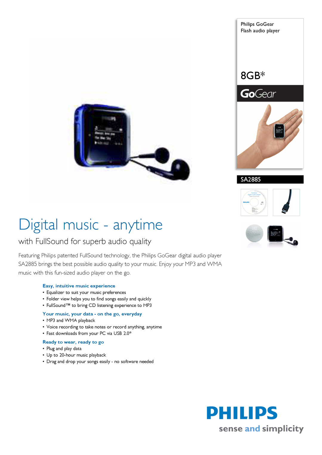 Philips SA2885/02 manual Easy, intuitive music experience, Your music, your data on the go, everyday 