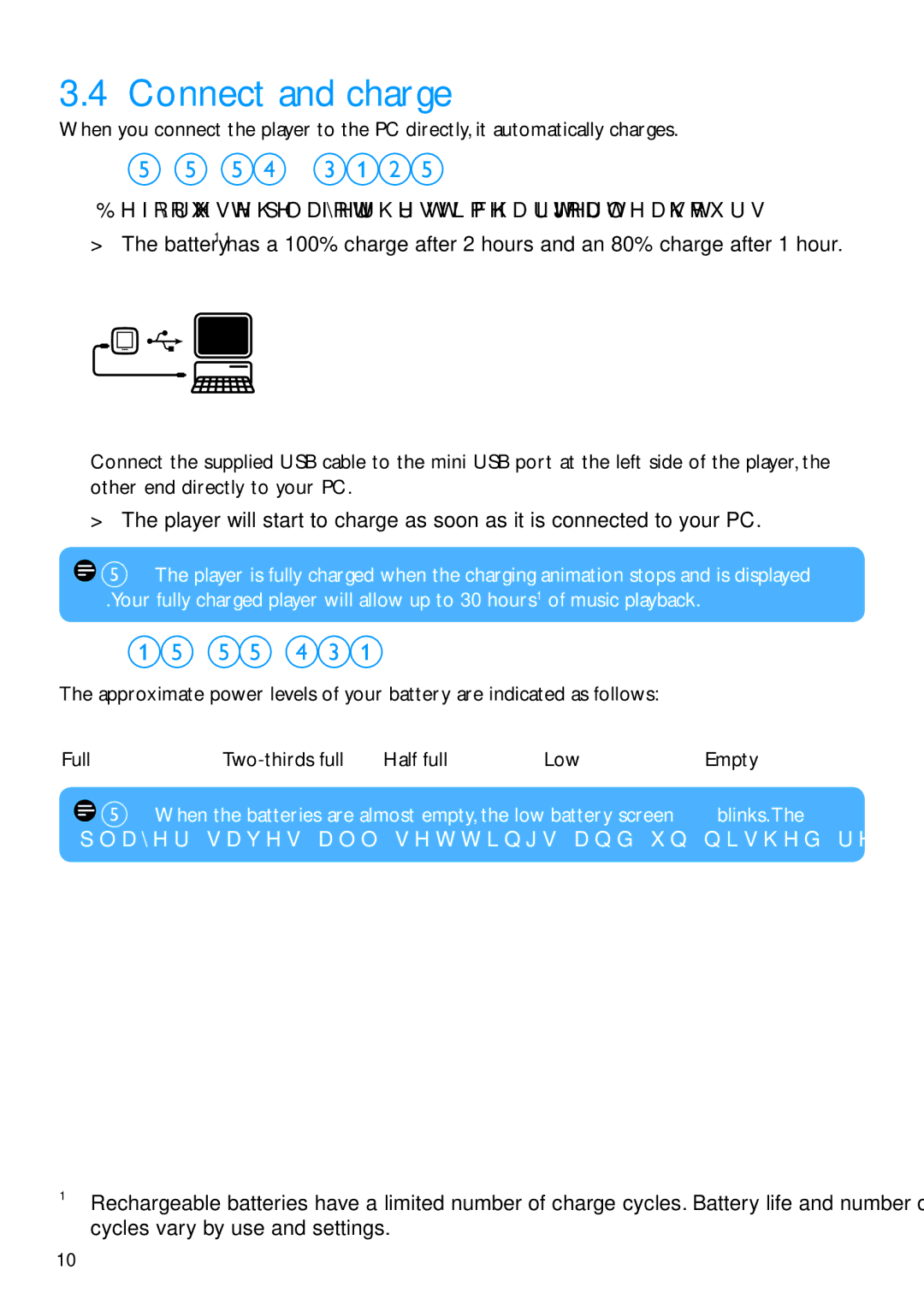 Philips SA2920, SA2940 manual Connect and charge, Use the supplied USB cable, Battery level indication 