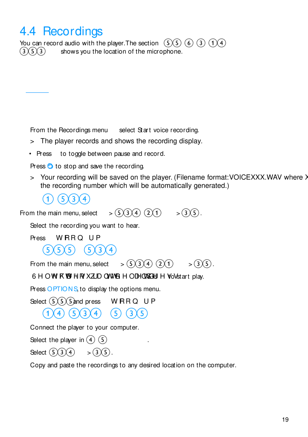 Philips SA2940, SA2920 manual Recordings, Play recordings, Delete your recording, Upload recordings to the computer 