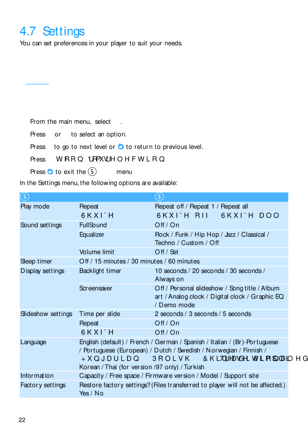 Philips SA2920, SA2940 manual Settings Options Further Options 