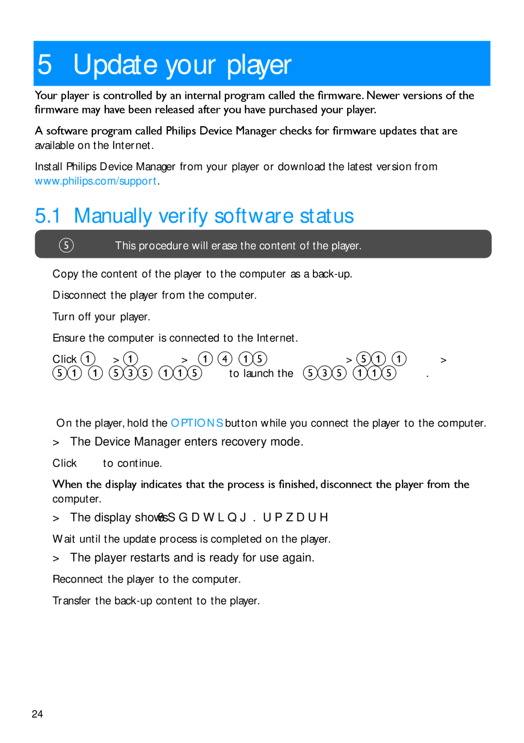 Philips SA2920, SA2940 manual Update your player, Manually verify software status 