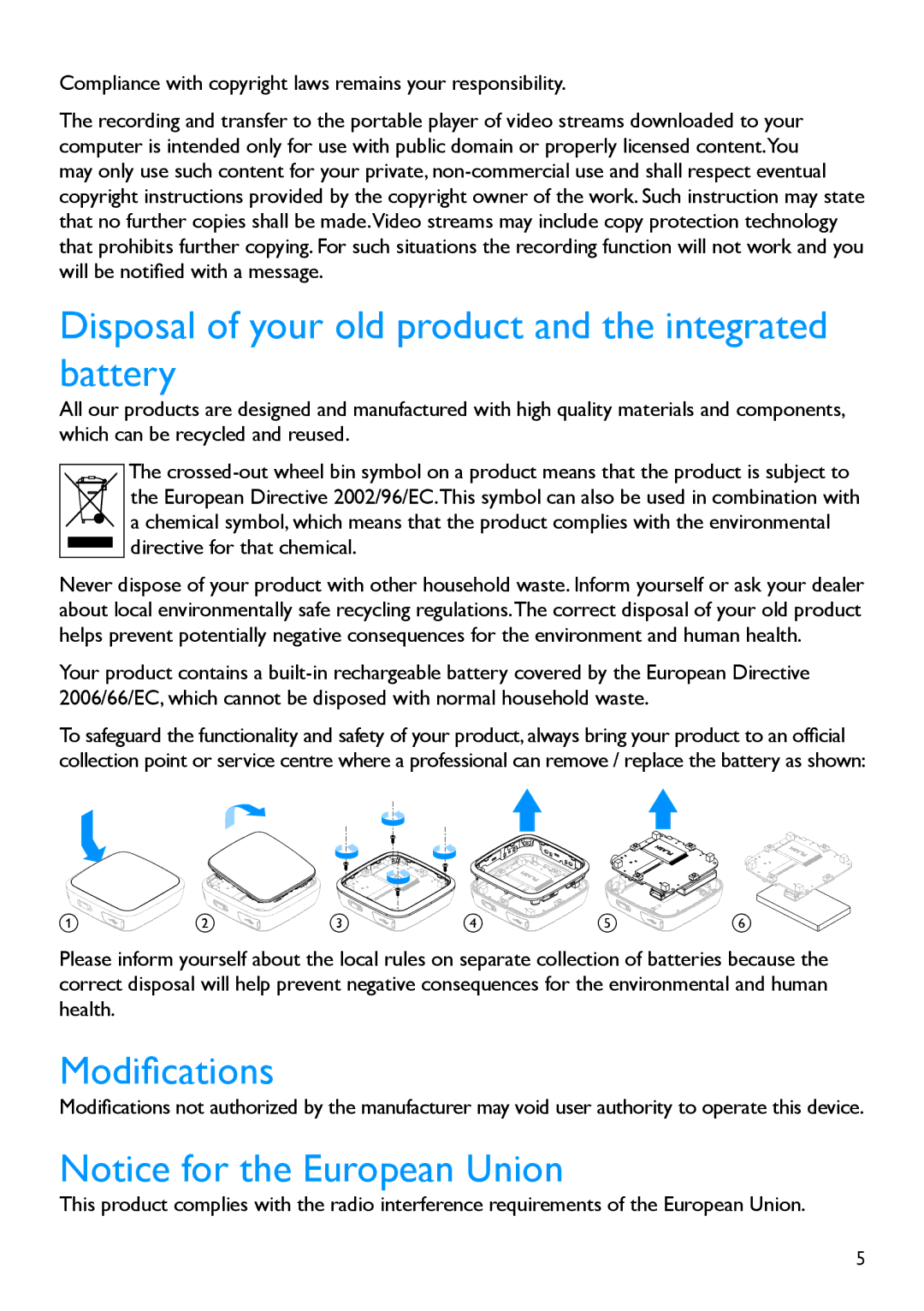 Philips SA2940, SA2920 manual Disposal of your old product and the integrated battery, Modifications 