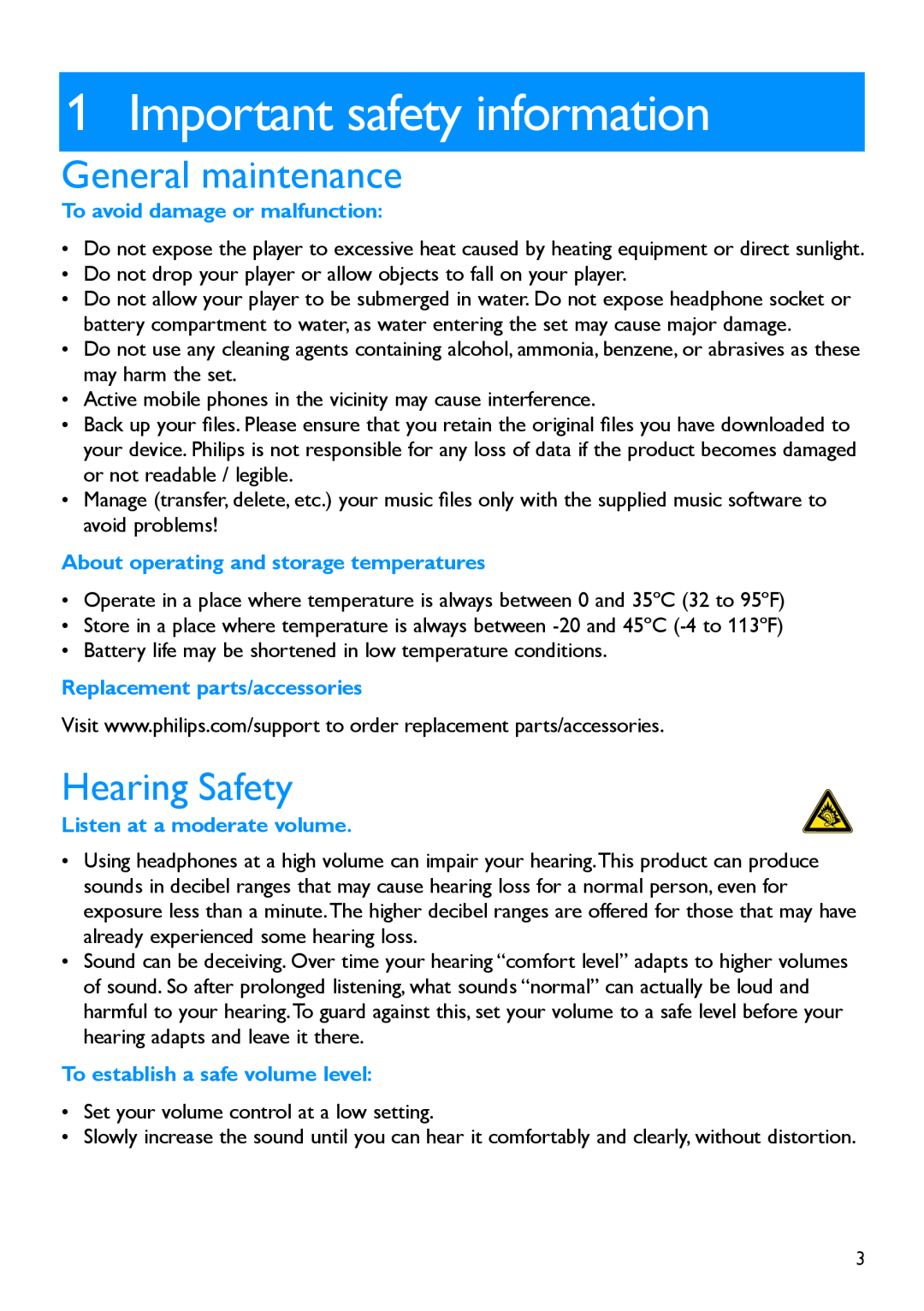 Philips SA2940, SA2920 manual Important safety information, General maintenance, Hearing Safety 
