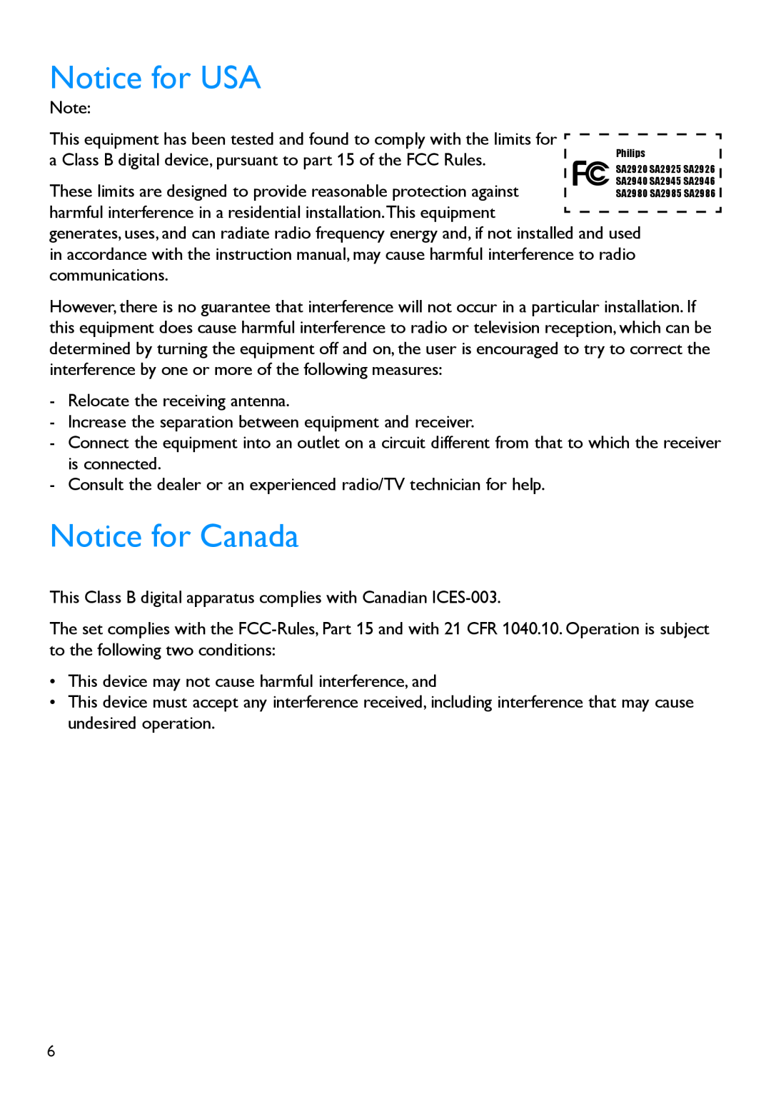 Philips SA2920, SA2940 manual Notice for USA, Notice for Canada 