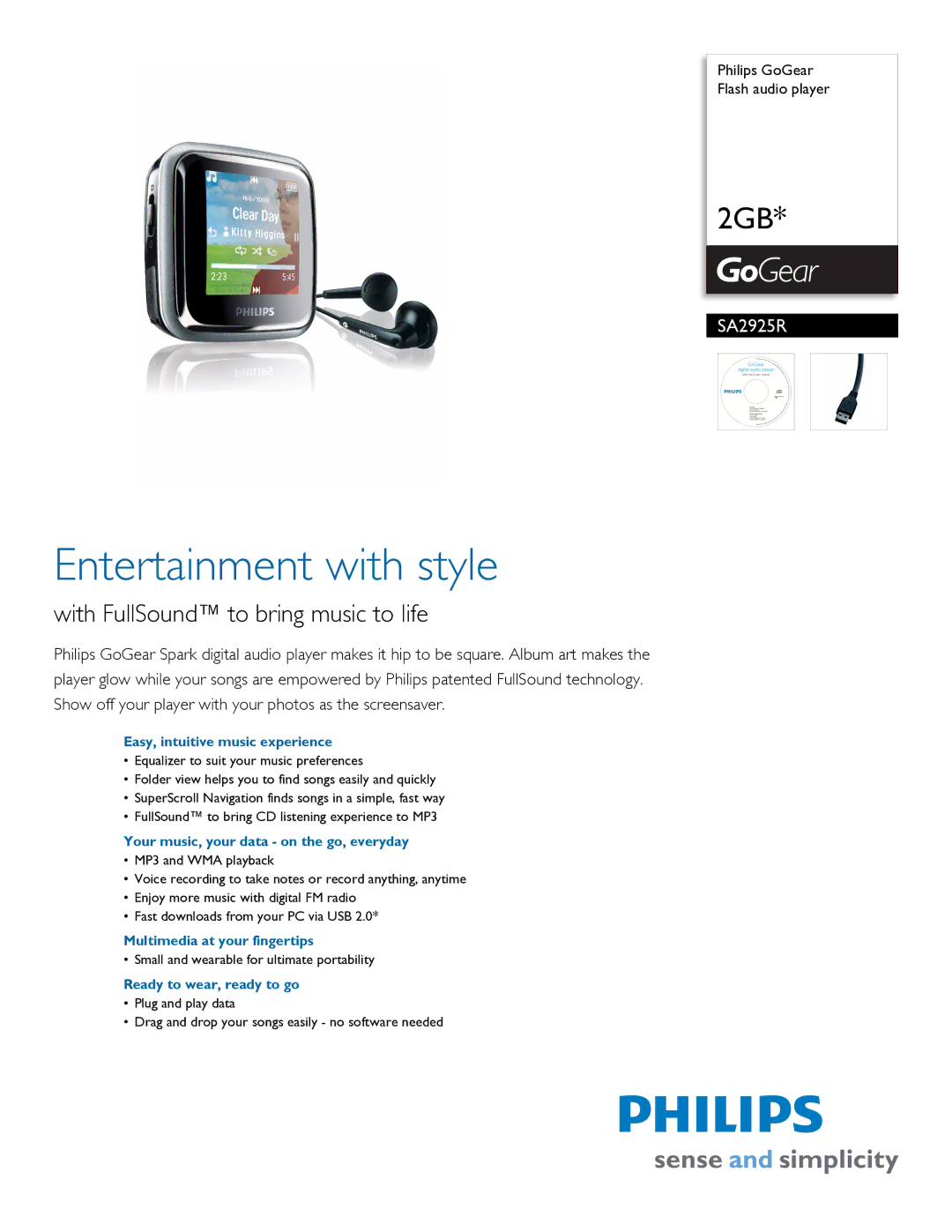 Philips SA2925R/37 manual Easy, intuitive music experience, Your music, your data on the go, everyday 