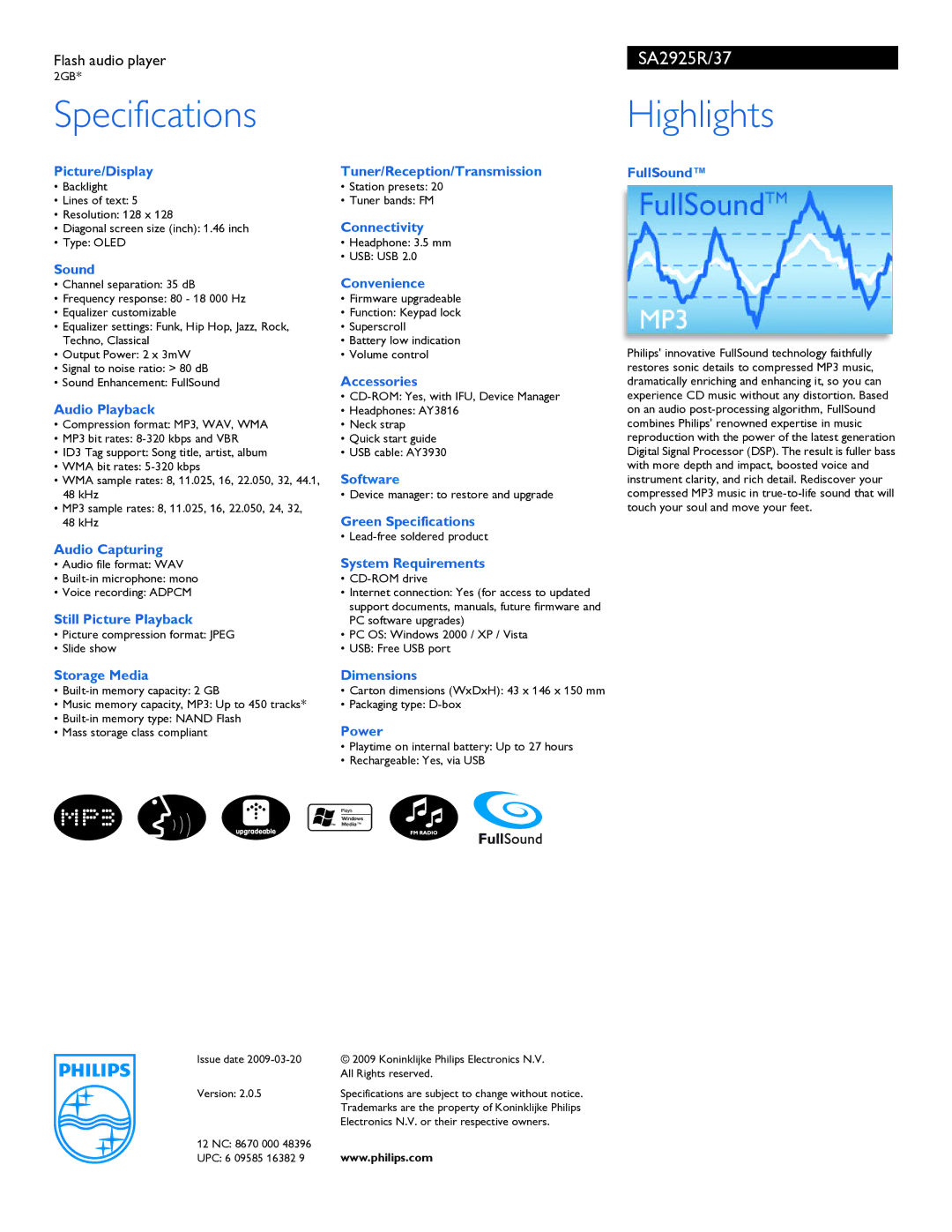 Philips SA2925R/37 manual Specifications, Highlights 