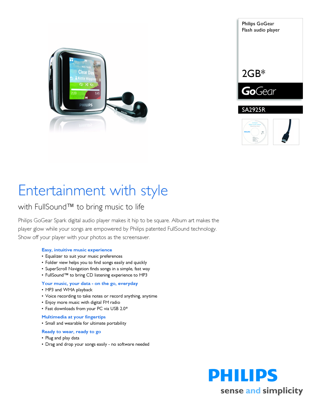 Philips SA2925R/37 manual Philips GoGear Flash audio player, Entertainment with style 