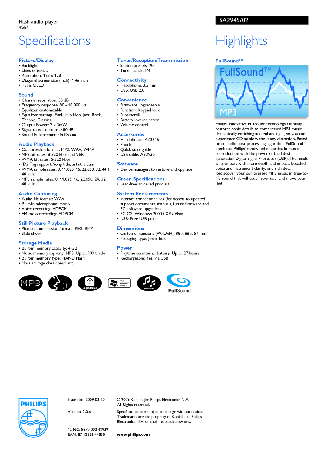 Philips SA2945/02 manual Specifications, Highlights 